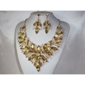 Champagne Rhinestone Statement Necklace Set, Bridal, Party Prom Formal Necklace
